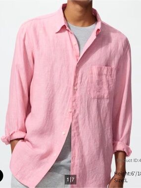 Uniqlo Men's Salmon Pink Linen Button-Up Shirt